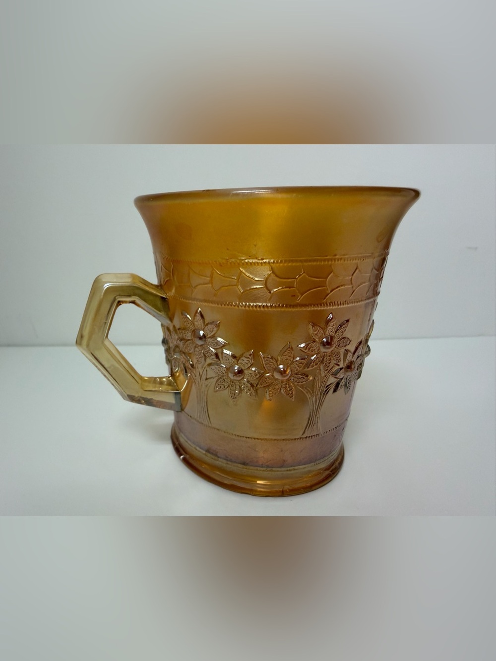 Antique Fenton Orange Tree Hex Handled Mug